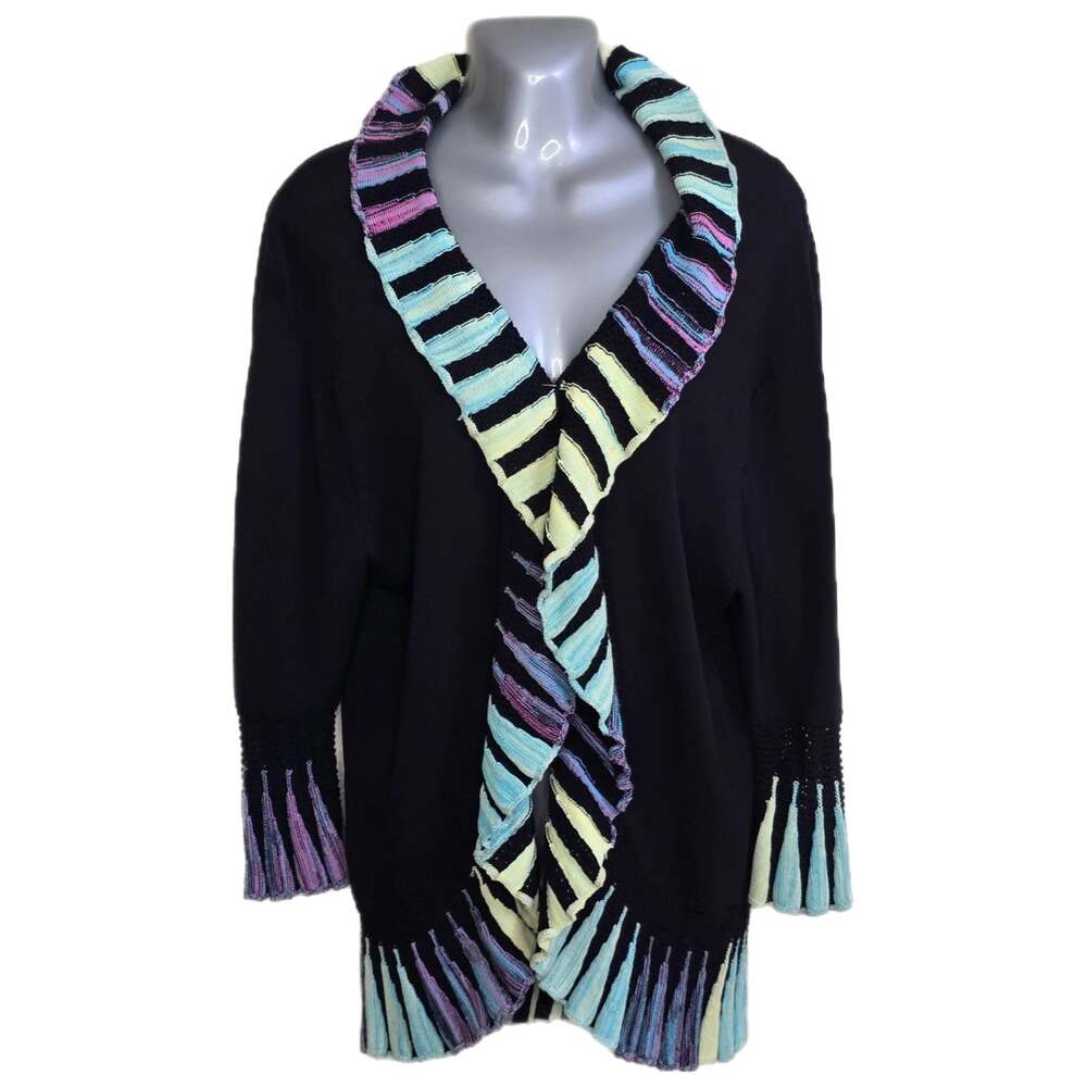 The Pyramid Collection Black Multi-Color Ruffle Open Front Cardigan XL